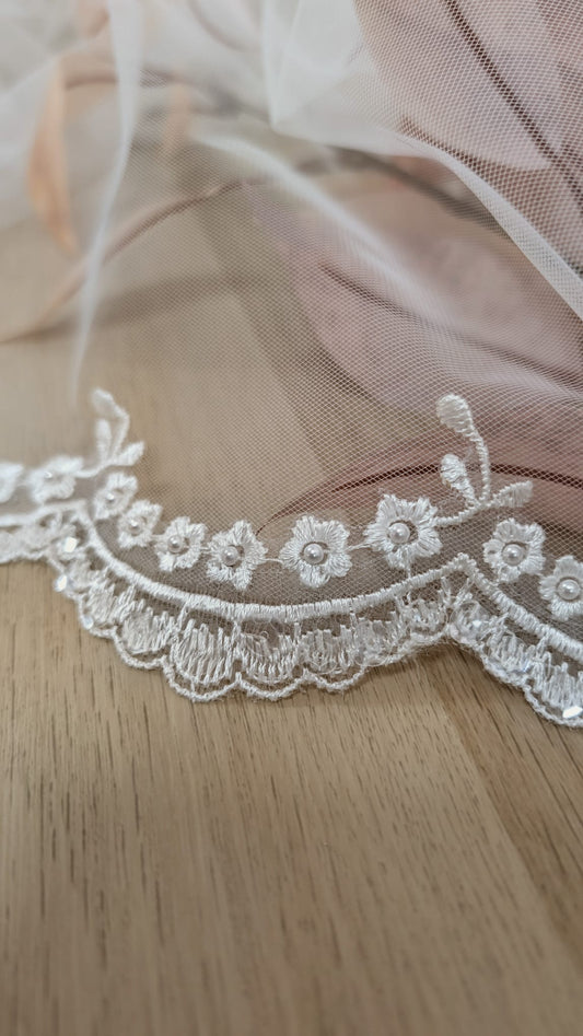 Detalle continuo de una blonda floral con ondas y pedrería fina sobre tul suave blanco natural colocado junto a hojas decorativas